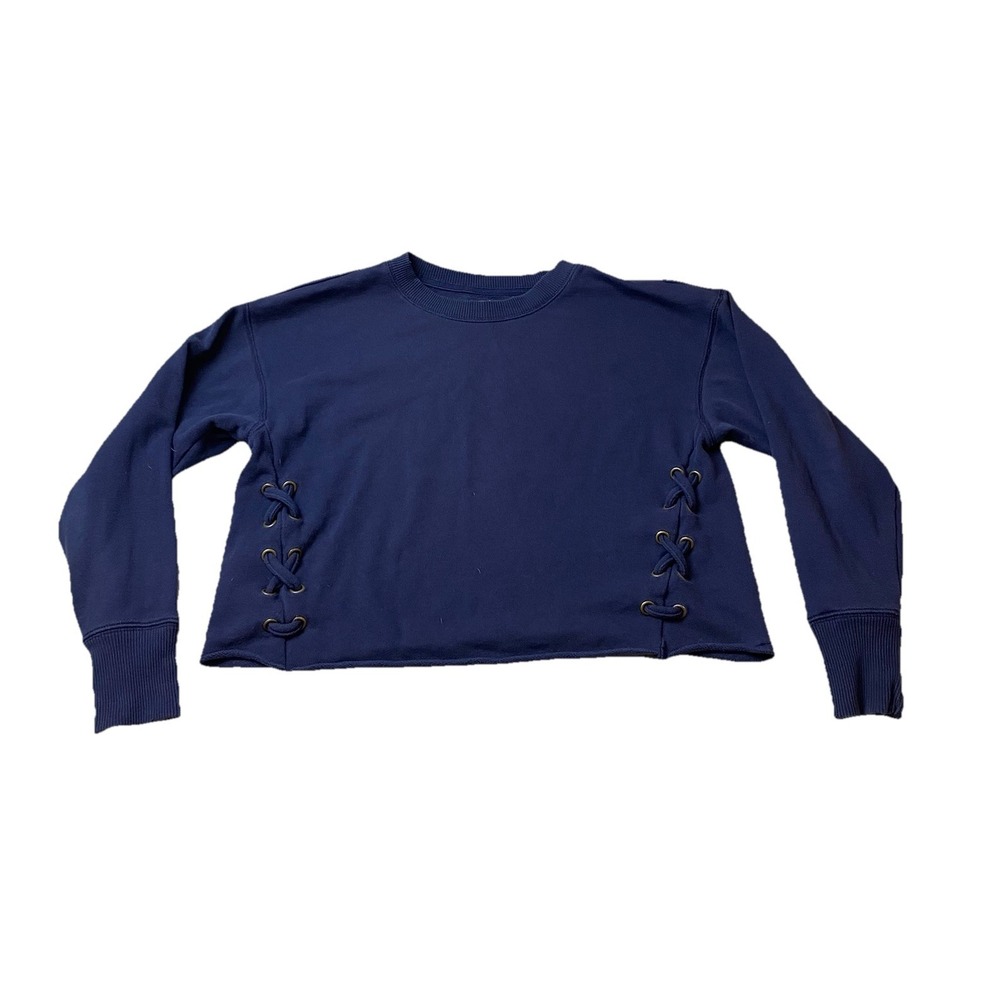 Aerie Womens Size XS Cropped Navy Oversized Sweatshirt Laced Up Sides